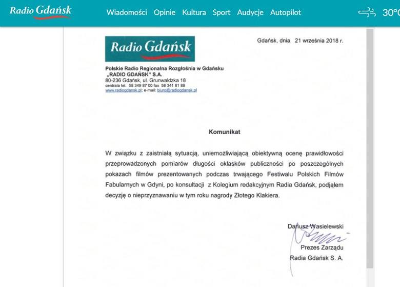 Radio Gdańsk odwołuje nagrodę Złotego Klakiera. Bo wygrywał film 