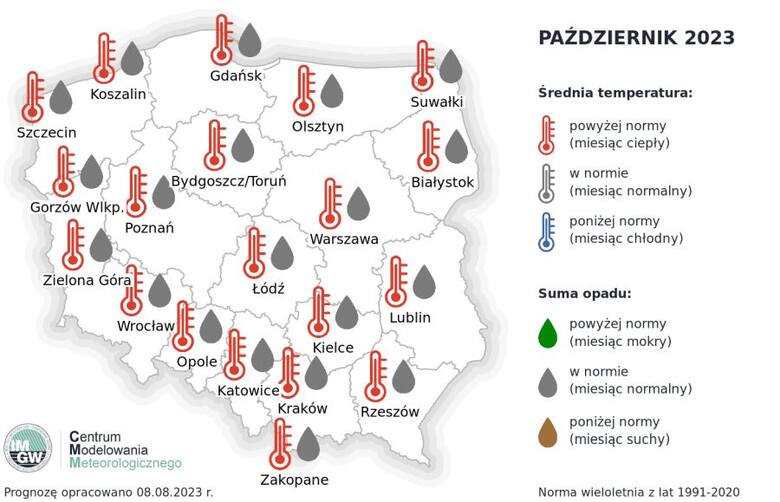 Pogoda w październiku 2023 roku w Polsce. temperatury powyżej normy i suma opadów w normie - tak prognozuje IMGW.