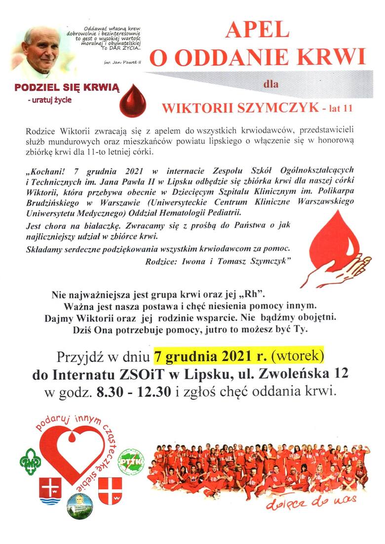 Chora na białaczkę Wiktoria Szymczyk potrzebuje naszej pomocy. We wtorek, 7 grudnia, zbiórka krwi w Lipsku