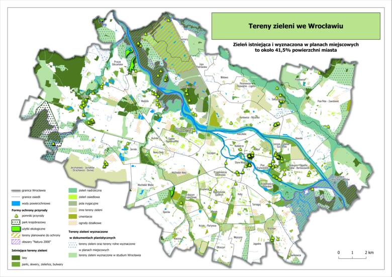 Mapa terenów zielonych we Wrocławiu.