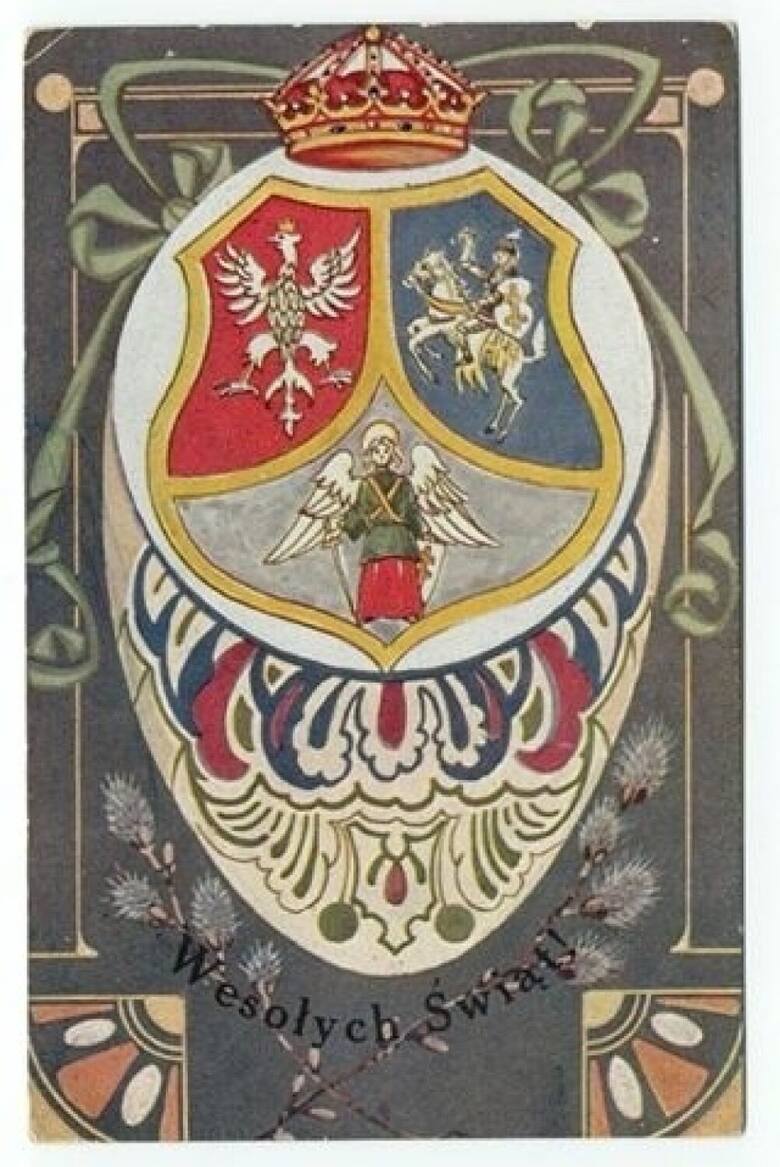 Wielkanocna pocztówka z motywami patriotycznymi - herbami Korony, Litwy i Rusi