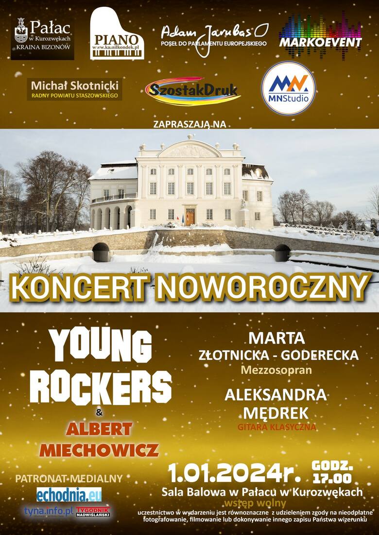 Koncert Noworoczny w Pałacu w Kurozwękach. Wystąpi Young Rockers, Albert Miechowicz i artyści z Kielc 