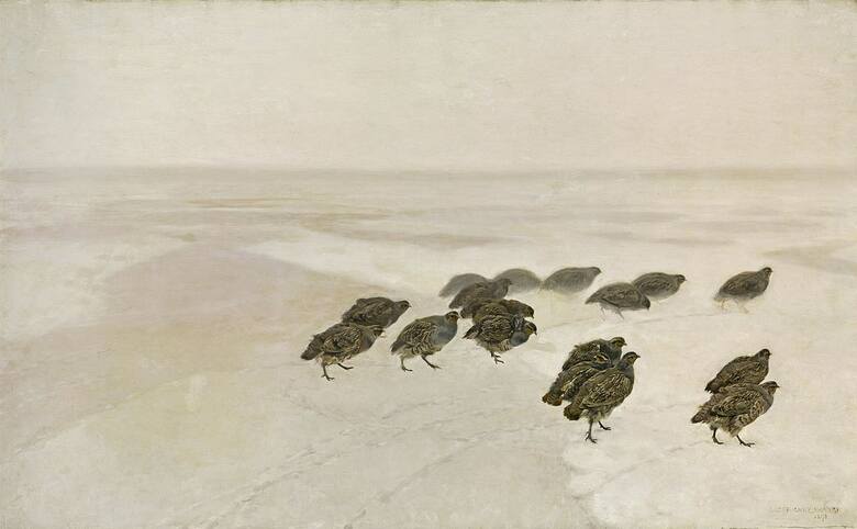 Józefa Chełmońskiego namalował kuropatwy, oddając indywidualne cechy ptaków i z niezwykłą dokładnością przedstawił je na tle zimowego, nizinnego kra