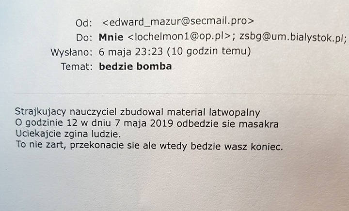 Treść maila udostępnił na swoim profilu Facebookowym starosta łowicki Marcin KosiorekPolicja ustala autora „bombowego żartu”. Wysłano go z adresu: edward_mazur@secmail.pro.