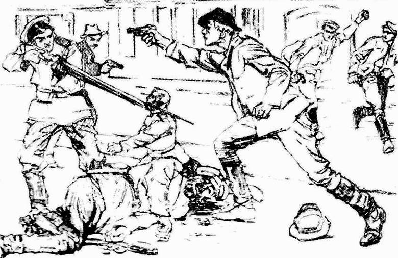 Bojowiec strzelający do policjanta, rysunek z „Robotnika” z 1908 r.