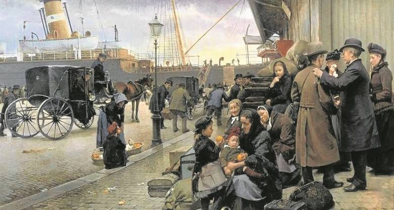 Ilustracja wykonana przez Edvarda Petersena (1841 - 1911) pt. „Emigranci na Larsens Plads” (1890)