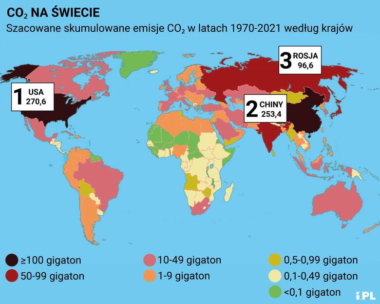 Emisja CO2 na świecie w latach 1970 - 2021.