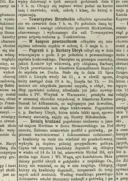 Wzmianka o pogrzebie Barbary Ubryk, s. 284 – „Czas” 1891, nr 100 (2 V), s. 2
