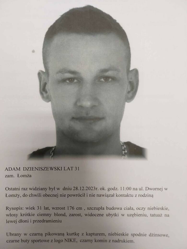 Policja poszukuje 31-letniego Adama Dzieniszewskiego z Łomży. Widziałeś tego mężczyznę?