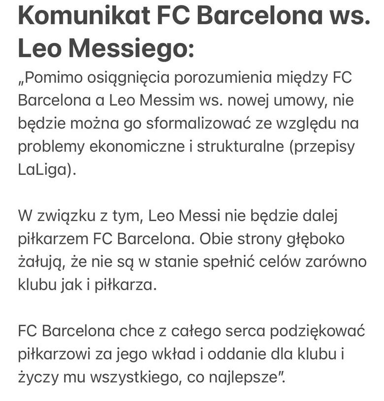 Leo Messi odchodzi z Barcelony! Nie może podpisać nowej umowy. Klub potwierdza rozstanie