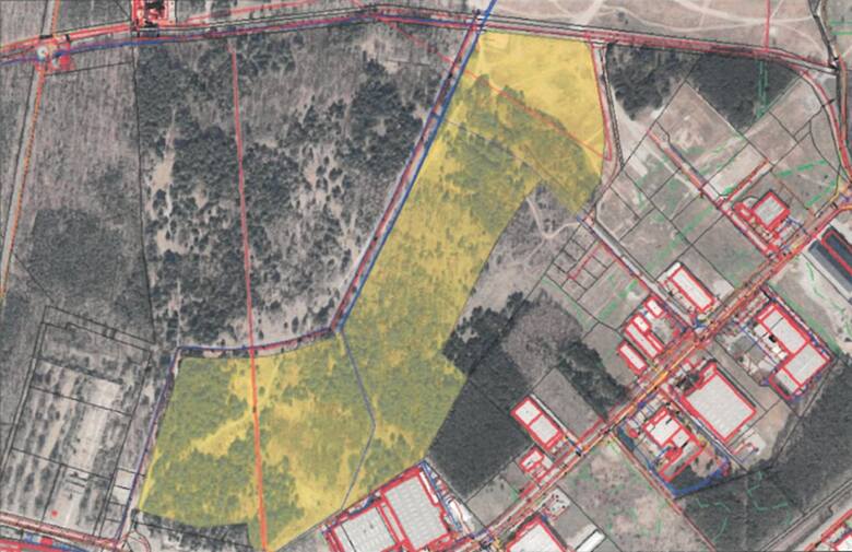 Kolorem żółtym zaznaczono 32-hektarową działkę, którą miasto wystawiło na sprzedaż.