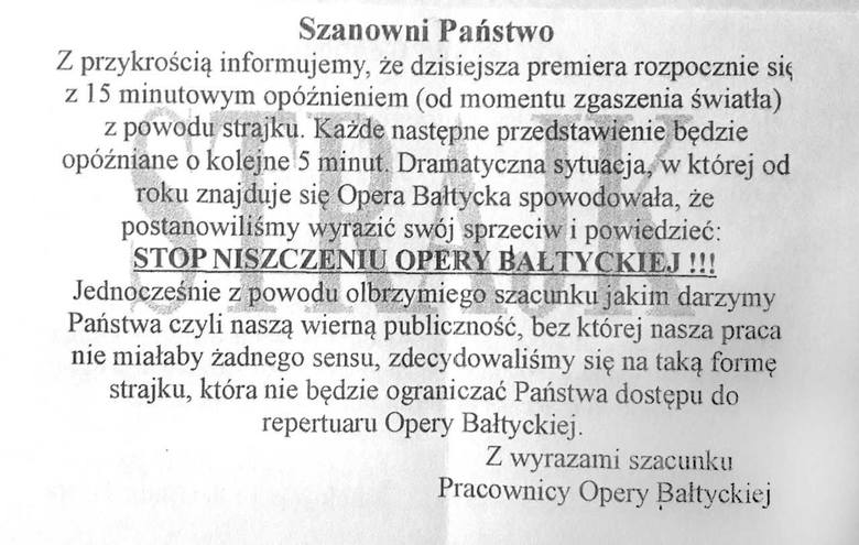 Takie ulotki rozdawano widzom w Operze Bałtyckiej przed spektaklem