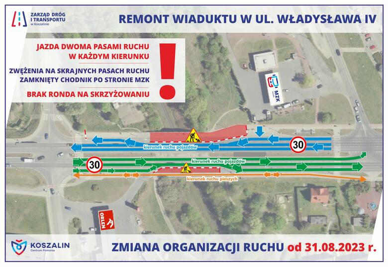 Mapka z nową organizacją ruchu w ciągu ul. Władysława IV w Koszalinie