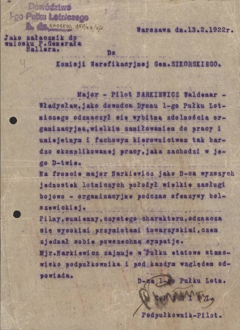 Jeden z dokumentów, jakie pozostały po majorze pilocie Władysławie Waldemarze Narkiewiczu - wystawiony przez podpułkownika pilota Camilla Periniego, dowódcę 1. Pułku Lotniczego
