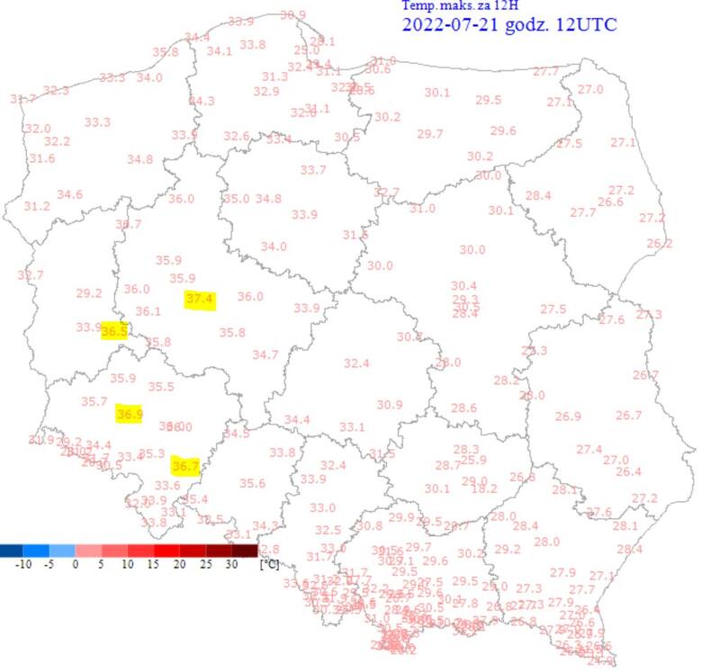 Temperatury w Polsce w południe w czwartek.