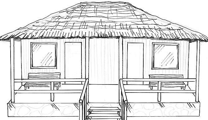 Szkic tradycyjnego domku w stylu filipińskim,który będzie można „kupić” od kielczanina za 15 tysięcy zlotych.