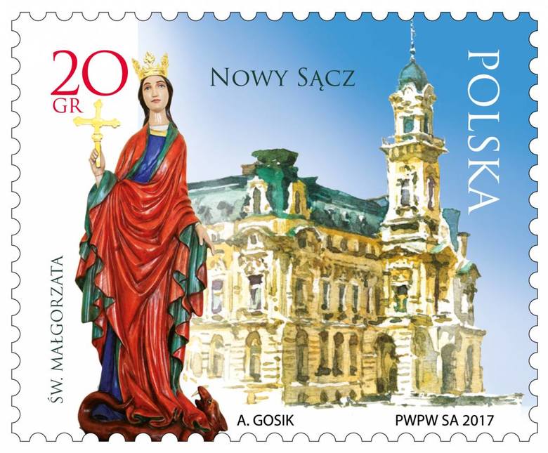 Wydany w 2017 r. znaczek pocztowy z wizerunkiem św. Małgorzaty, patronki Nowego Sącza. Oprócz świętej na znaczku widzimy fragment sądeckiego ratusza