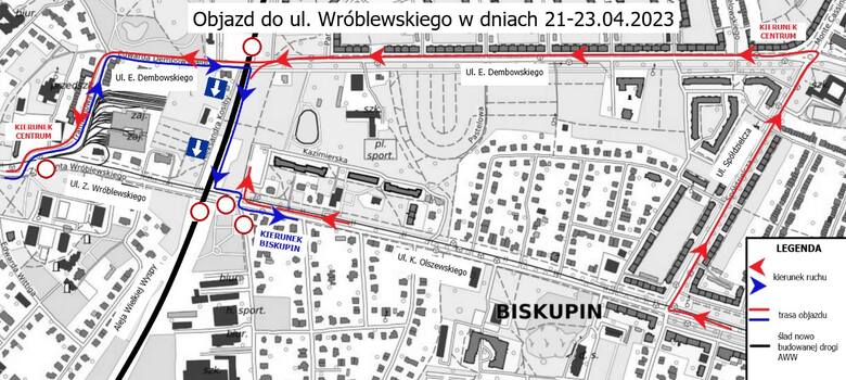 Mapa z objazdem do ul. Wróblewskiego. Zostanie wprowadzony od 21 do 23 kwietnia.