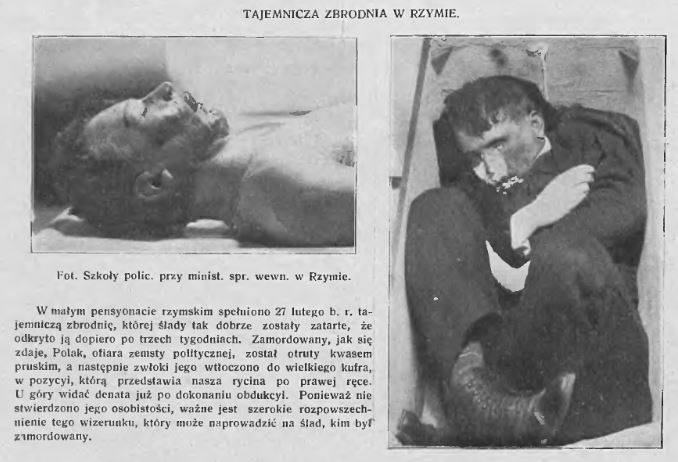 Zdjęcia ciała Tarantowicza opublikowane w polskiej prasie w 1909 r. Zanim włoska policja zidentyfikowała denata.