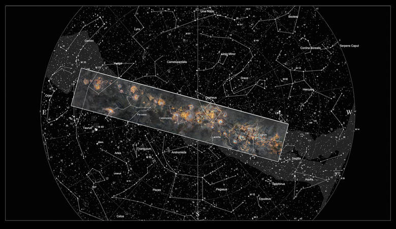 Zakres mozaikowej panoramy wykonanej przez fotografa na tle całej Drogi Mlecznej. credits: J-P Metsavainio, AstroAnarchy
