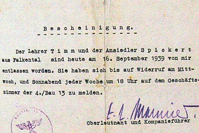Dokument z 16 IX 1939 r. potwierdzający zwolnienie Józefa Timma.  Niestety, wolność odzyskał na krótko.