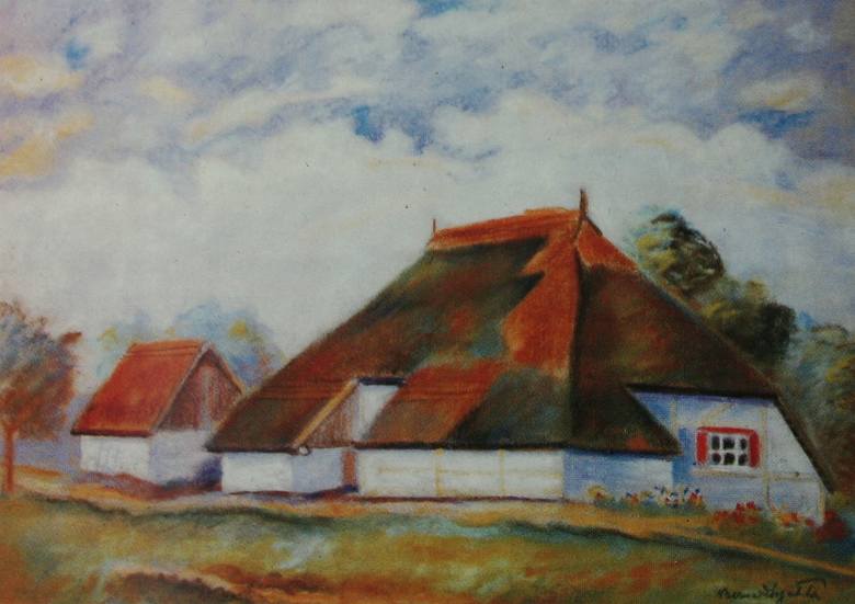 Obraz Bernarda Sychty - chata w Borach Tucholskich.