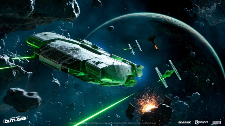 Screen z Star Wars Outlaws - latanie i walki statkiem kosmicznym