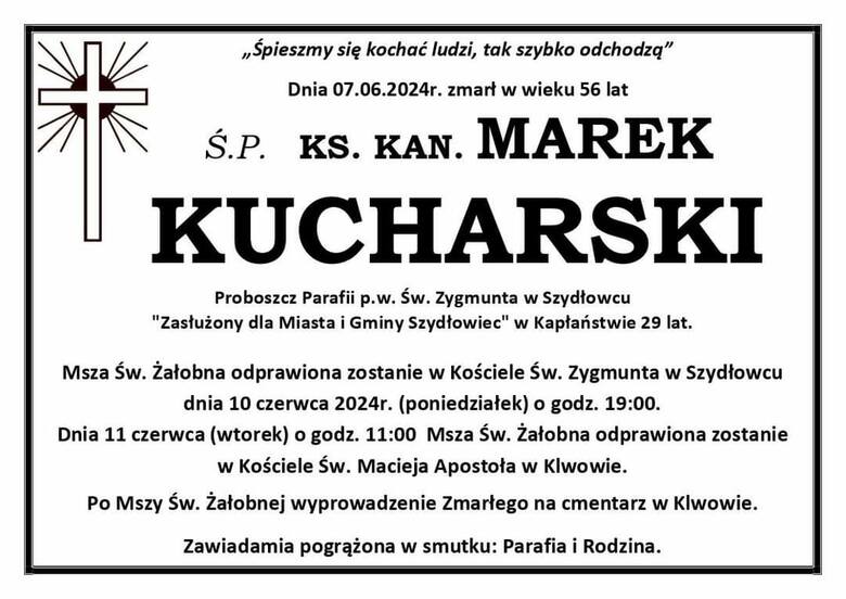 Nie żyje ksiądz Marek Kucharski, proboszcz parafii świętego Zygmunta w Szydłowcu 