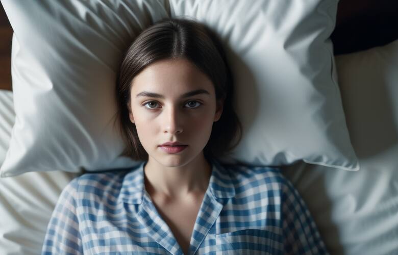 Młoda kobieta leży w łóżku w piżamie i nie śpi