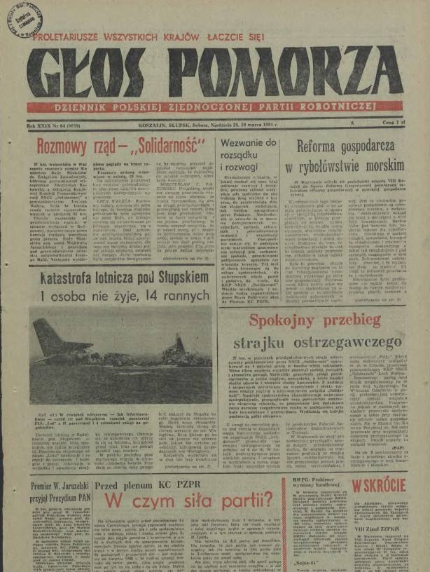 Pierwsza strona Głosu Pomorza z 28 marca 1981 roku z informacją o katastrofie.
