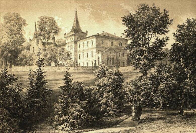 Widok zamku w Zatorze na litografii Napoleona Ordy (1880 rok)