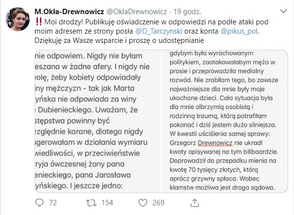 Facebook kontra Twitter, czyli Dominik Tarczyński z PiS kontra Marzena Okła-Drewnowicz z PO. Poseł zarzuca kradzież mężowi posłanki