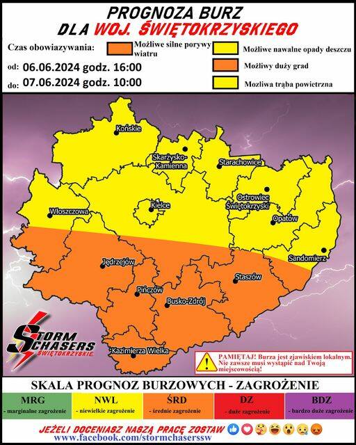 Prognoza burzowa dla świętokrzyskiego na wieczór 6 czerwca i noc 06/07 czerwca.