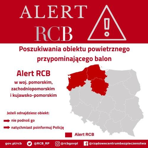 Komunikat RCB odnosi się do trzech województw, w tym regionu kujawsko-pomorskiego, a dotyczy poszukiwań tajemniczego obiektu powietrznego