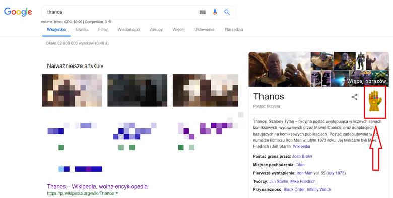 Thanos i jego rękawica usuwają wyniki wyszukiwania. Wpisz 