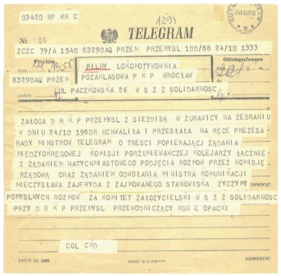 Jeden z telegramów z wyrazami solidarności skierowany do głodujących. Kopia ze zbiorów Kamila Dworczaka