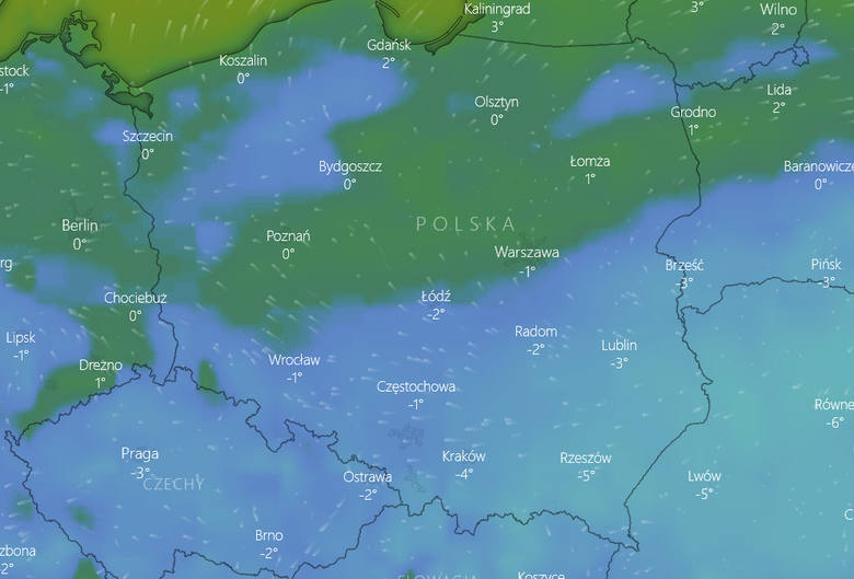 Prognozowane temperatury w Polsce około godziny 5 nad ranem w sobotę, 17 listopada