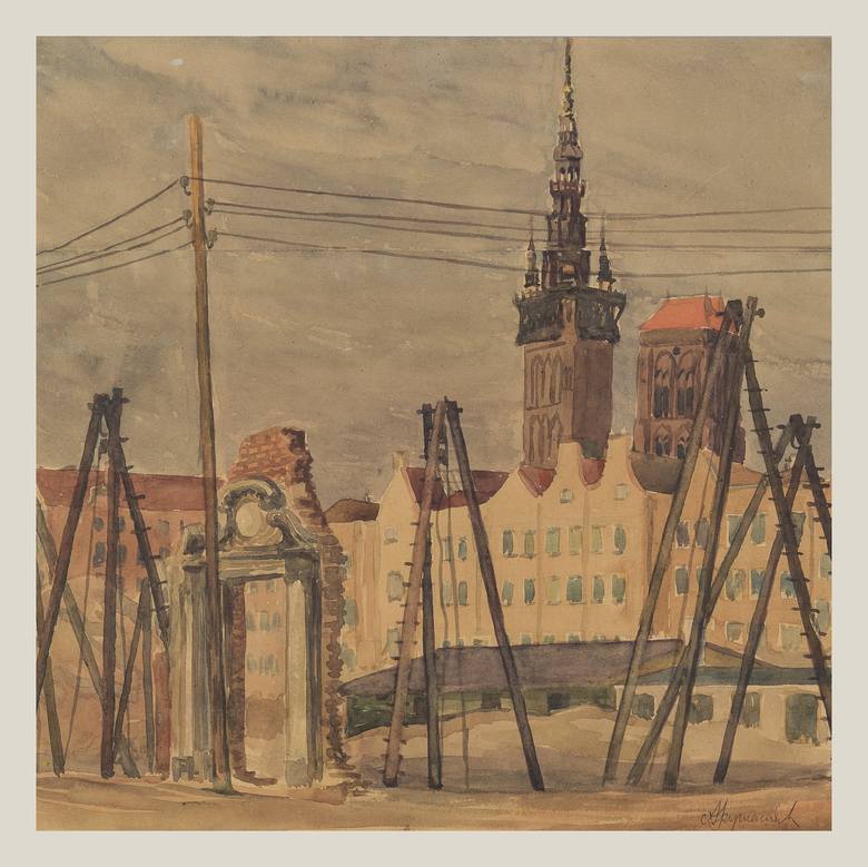 Z cyklu Gdańsk - Odbudowa ul. Ogarnej, 1952 r., papier, akwarela
