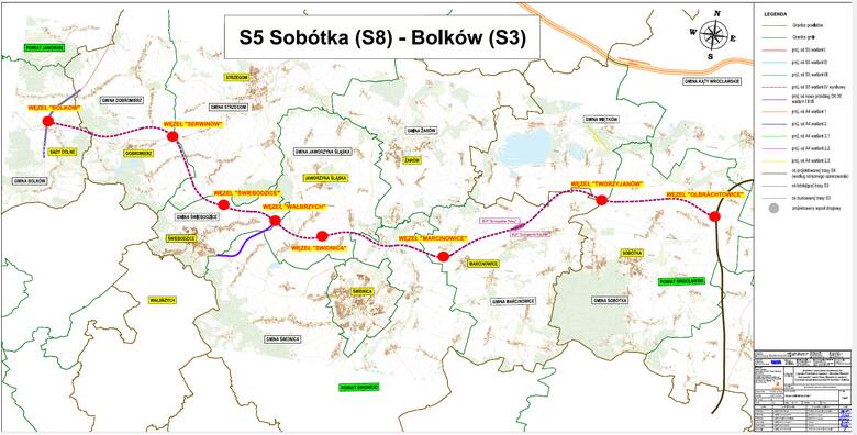 Ogólny przebieg projektowanej trasy S5 WROCŁAW - SOBÓTKA - ŚWIDNICA - BOLKÓW
