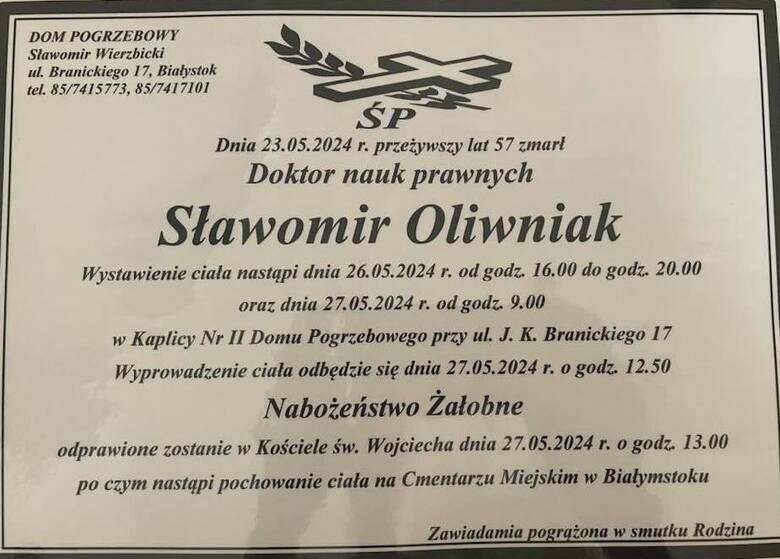 Nie żyje dr Sławomir Oliwniak z wydziału prawa Uniwersytetu w Białymstoku. Odszedł znany naukowiec i nauczyciel akademicki 