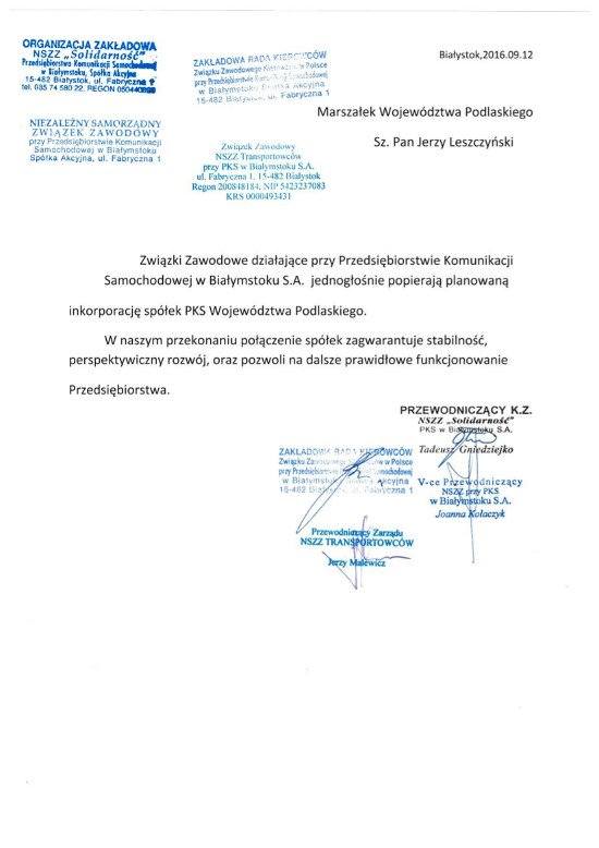 List od przedstawicieli związków zawodowych PKS Białystok