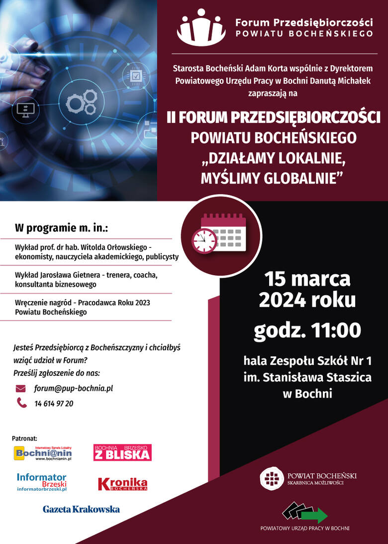 W Bochni odbędzie się Forum Przedsiębiorczości pod hasłem „Działamy lokalnie, myślimy globalnie”