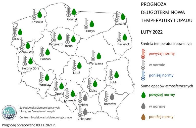 Prognoza średniej miesięcznej temperatury powietrza i miesięcznej sumy opadów atmosferycznych na luty 2022 r. dla wybranych miast w Polsce.