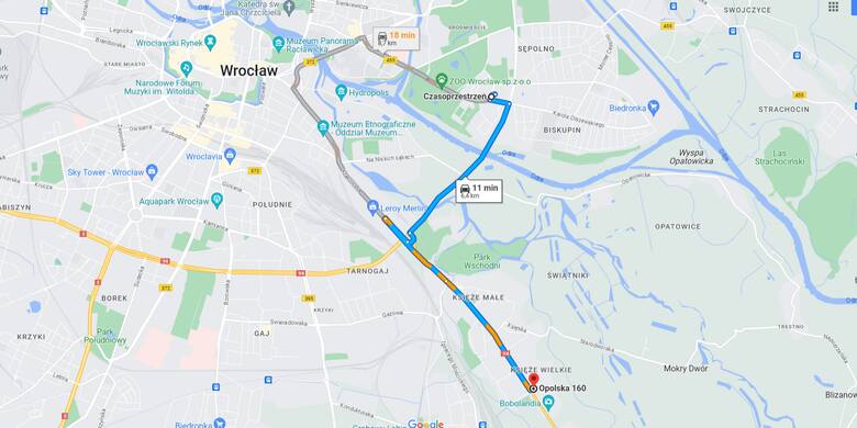 Nawigacja prowadzi z Czasoprzestrzeni na Księże Wielkie przez Aleję Wielkiej Wyspy i ulicę Krakowską.