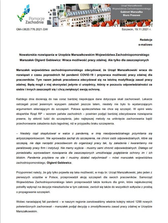Treść komunikatu prasowego z Urzędu Marszałkowskiego Województwa Zachodniopomorskiego dotyczącego powrotu do możliwość pracy zdalnej