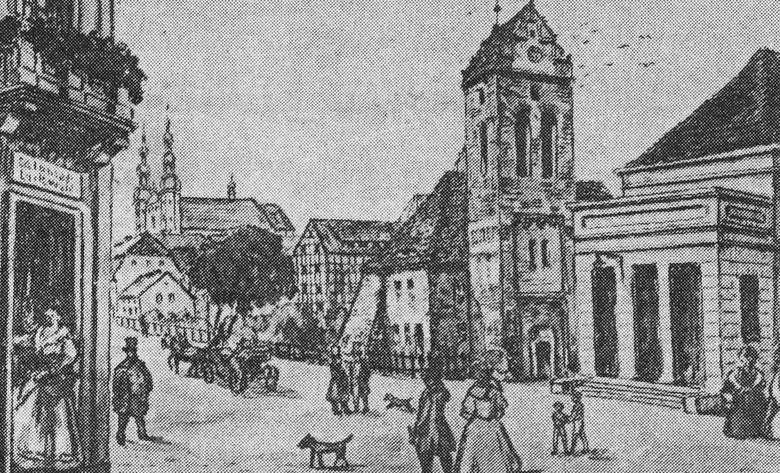 Kościół pojezuicki na Starym Rynku. Z lewej strony widzimy tramwaj konny. Jego linia była czynna w latach 1888-1896.