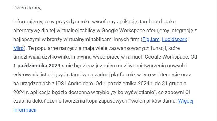 Taką wiadomość od Google otrzymali dziś użytkownicy aplikacji Jamboard.