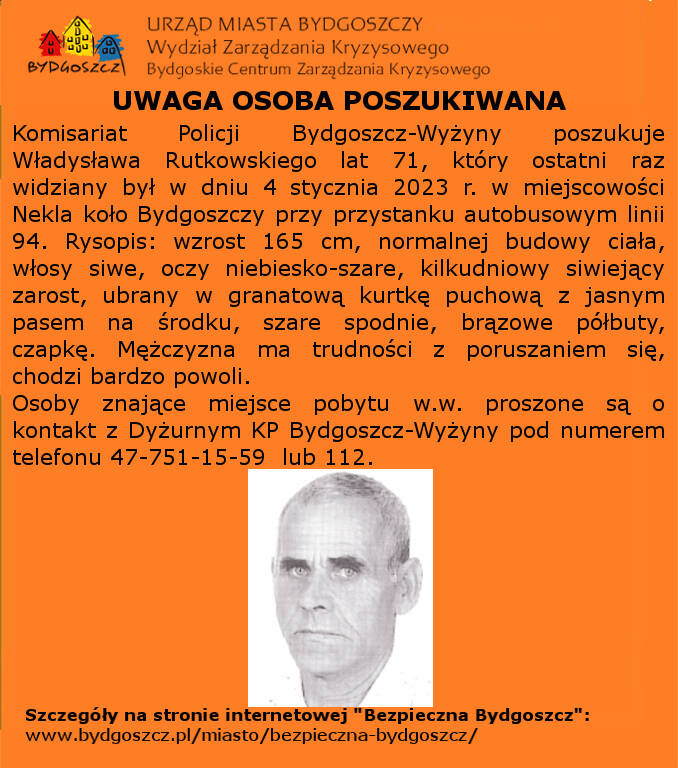 Policja w Bydgoszczy poszukuje zaginionego 71-latka.
