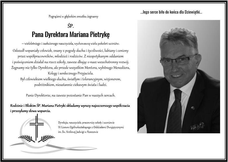 Nie żyje Marian Pietryka, dyrektor IX LO w Rzeszowie. Miał 66 lat