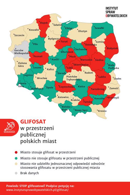 Mapa stosowania glifosatu w miastach Polski w 2020 roku